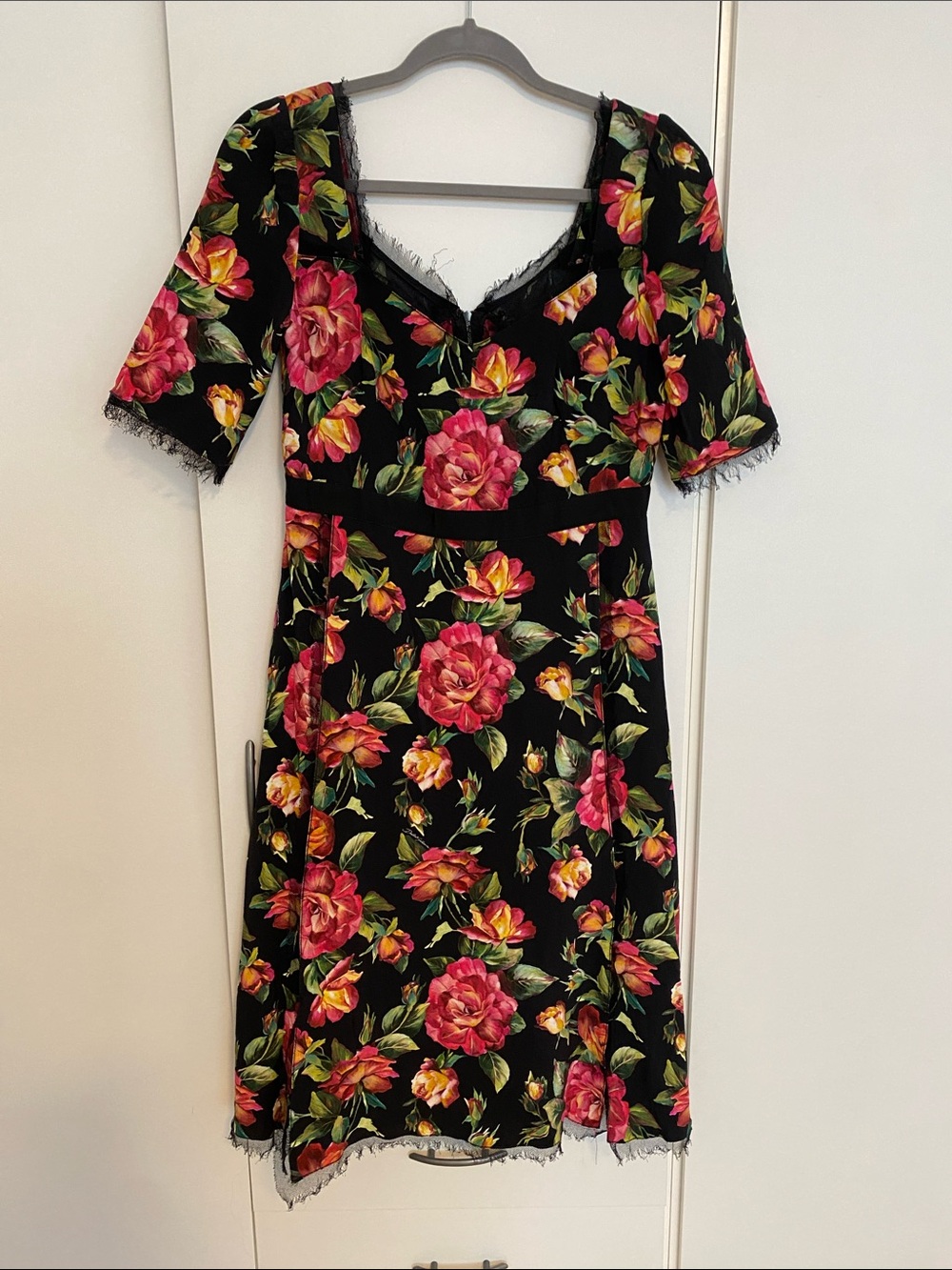 Dolce & Gabbana Black Midi Dress with Pink & Yellow Floral Print